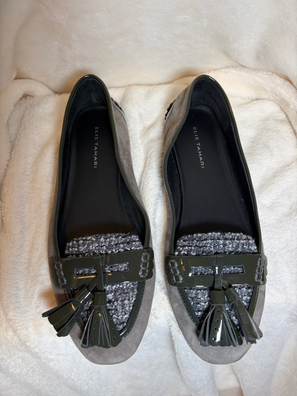 Elie Tahari Gray Suede Loafers with Tweed and Patent Tassels - Picture 6 of 8